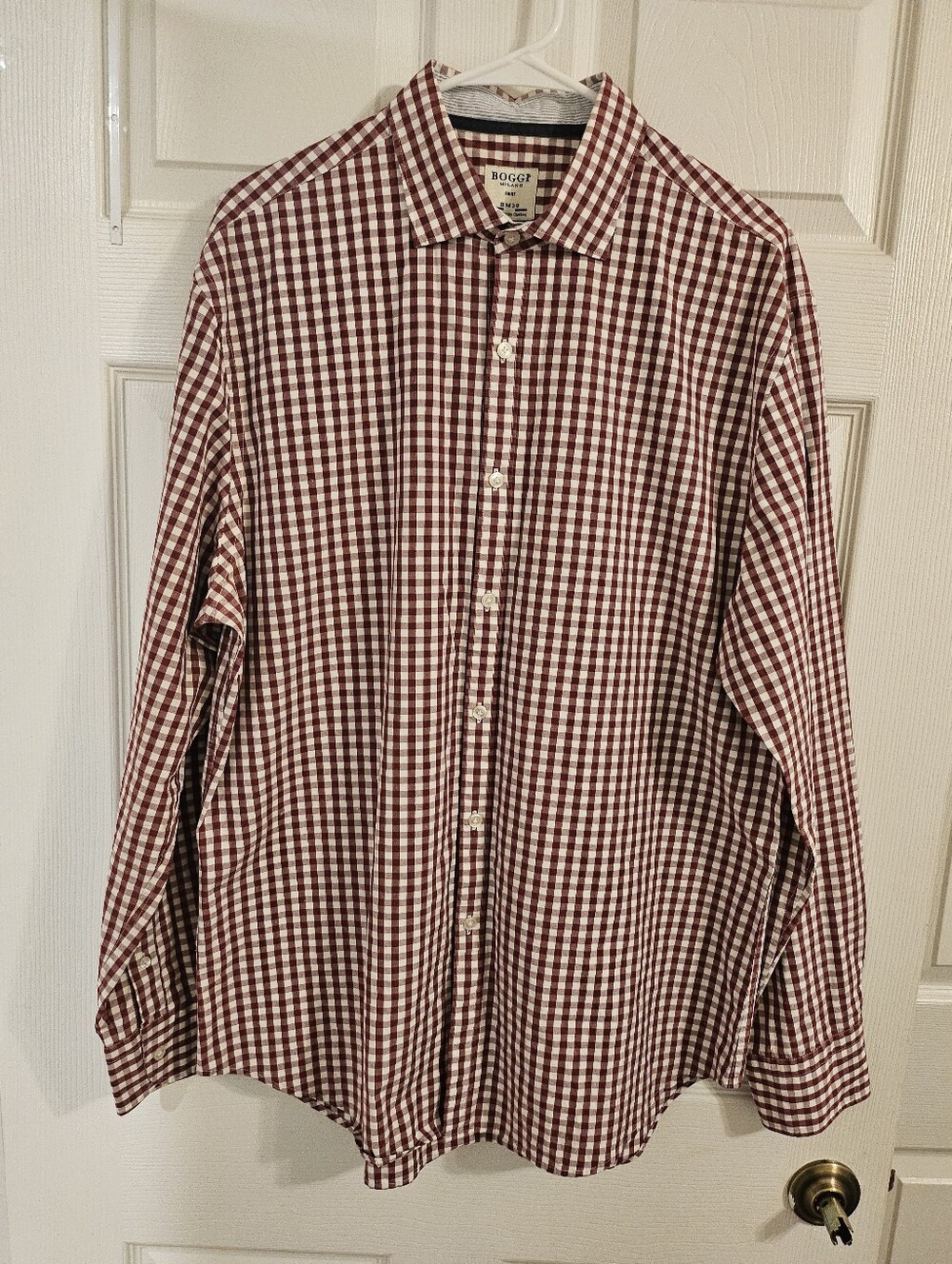 Boggi Milano Men's Burgundy and White Gingham Button-Down Shirt